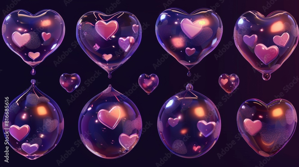 Poster animated soap bubbles in the shape of hearts. computer, web and motion design, love development, rea