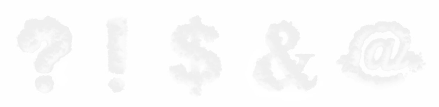 ? ! $ & @ - Transparent background PNG Set of transparent Exclamation mark, Dollar sign, Ampersand, At symbol or At sign made of white smoke, fog, clouds, smog. Unique cutout collection.