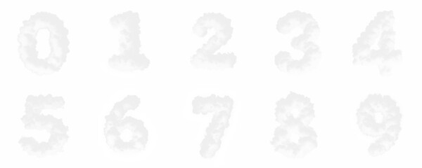 Fototapeta premium 0 1 2 3 4 5 6 7 8 9 - Transparent background PNG Set of transparent numbers from the alphabet made of white smoke, fog, clouds, smog. Unique cutout collection.