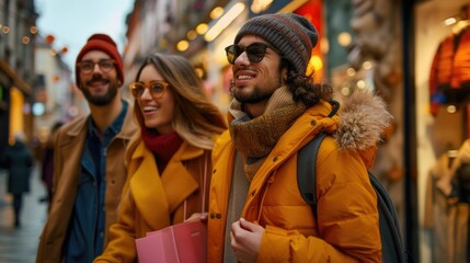 Enthusiastic Friends Discovering Unbeatable Deals on a Bustling City Street