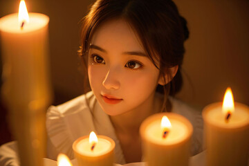 A child shelters a flickering candle flame, it's warm light casting a glow in the dark