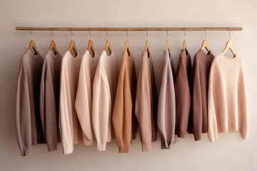 A row of knit sweaters in neutral tones illuminated by soft light