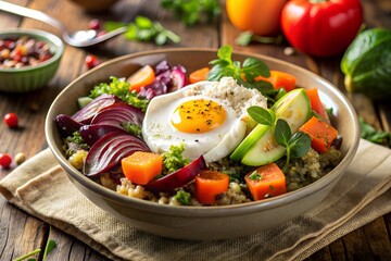 A bowl of food with a fried egg and vegetables.