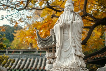 Fototapeta premium Serene statue of a wise sage surrounded by vibrant fall foliage