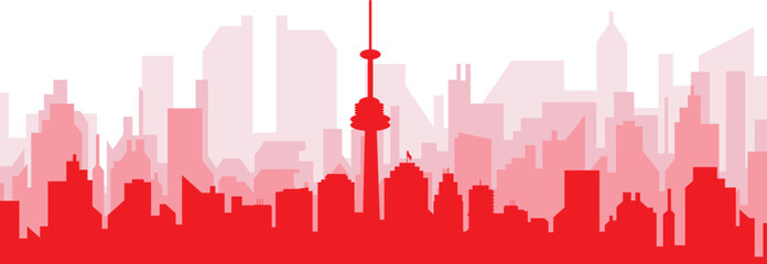 Red panoramic city skyline poster with reddish misty transparent background buildings of TORONTO, CANADA
