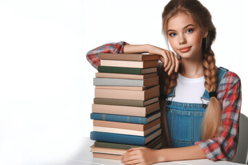 girl with a stack of books on a white background