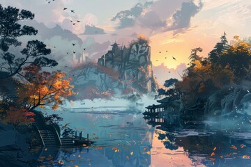 Captivating digital art landscape featuring a castle amid autumn foliage during a serene sunset
