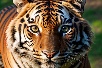 A close-up portrait of a majestic Bengal tiger with its characteristic striped fur