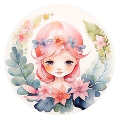 Naklejka premium beautiful watercolor elf patterns with flowers of a delicate shade painted on a white background, form a circle