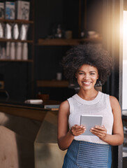 Black woman, business owner and portrait with tablet by coffee shop for menu planning, inventory...