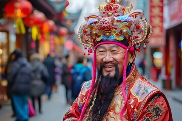 Fototapeta premium Smiling man in elaborate traditional chinese attire during a festive event on a bustling street