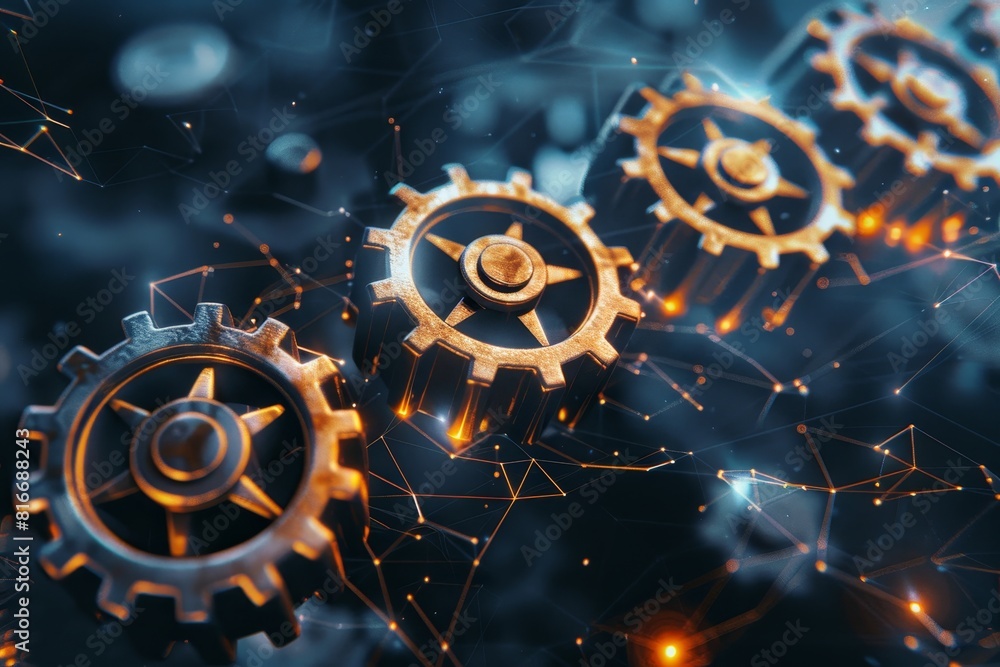 Poster dynamic close up of synchronized gears with sparks, blurred background, and space for text