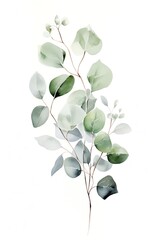 watercolor tropical and green eucalyptus leaves on a white surface