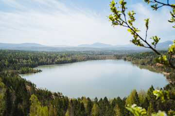 Scenic lake with trees and mountains on a sunny day