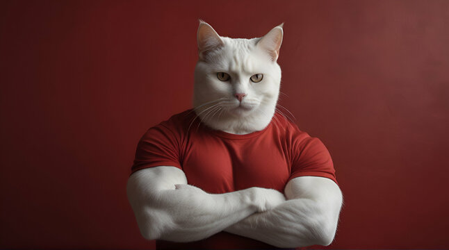 Portrait of Strong white cat body builder super muscles. bodybuilder cat with arms crossed. image of a pet cats head on a human bodybuilders body on red background,Generative.Ai 
