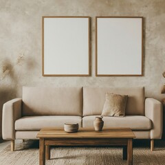 Mockup white poster frame on the wall. Rustic coffee table near beige sofa against stucco wall with stone decorative poster. Japandi interior design of modern living room, home.