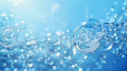 Water background with bubbles on blue aqua backdrop. Template for advertisement. Environment conservation concept with liquid balls or drops. Realistic 3D modern illustration.
