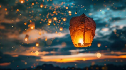 Floating lantern with flame in the night sky background