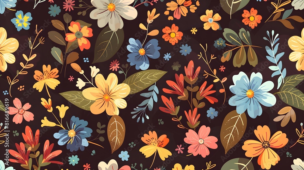 Poster a colorful floral pattern on a black background. the flowers are of various colors and sizes, and th