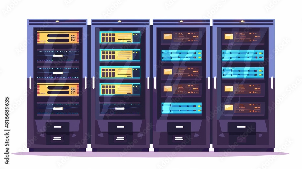 Poster a cartoon illustration of a server rack. an internet equipment for storing and processing informatio