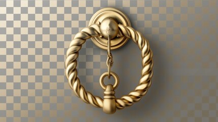 Vintage metal doorknob with realistic gold door knocker, twisted handles, golden rings, isolated on transparent background, 3D modern icons, clipart.