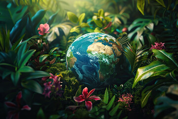 Globe with a background of tropical leaves and flowers. Environment conservation concept. Generated by artificial intelligence