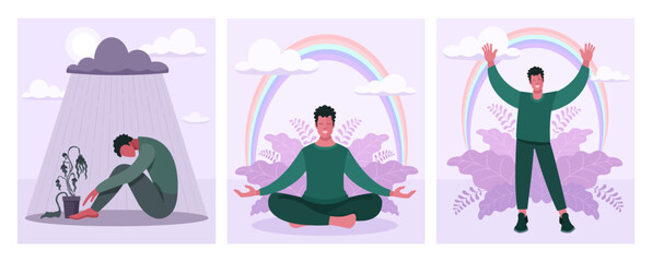 A set of illustrations demonstrating relief from psychological problems and depression through yoga, meditation and a healthy lifestyle. The man is worried and depressed. Happy and joyful person.