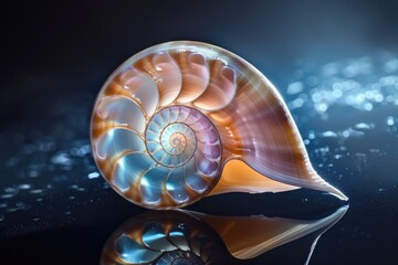 A close up of a shell on a table. Perfect for beach-themed designs