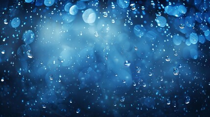 Fototapeta premium Close up of window glass with single floating small water drops or rain. Defocused blue natural background. Generative AI.