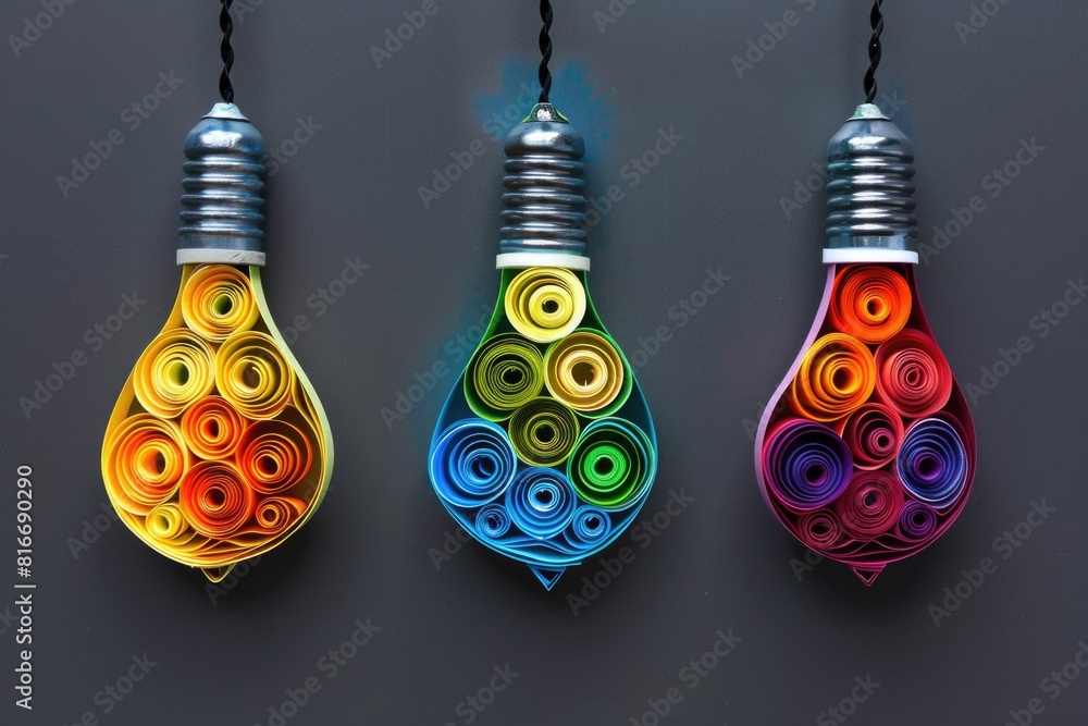 Poster three vibrant light bulbs on a string, perfect for adding a pop of color to any space