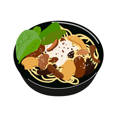 Homemade italian fettuccine pasta with mushrooms and cream sauce (Fettuccine al Funghi Porcini). Traditional Italian cuisine. Flat illustration isolated on white background