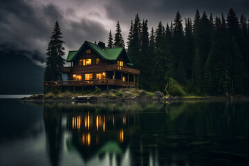 Fototapeta premium House on lake under cloudy sky