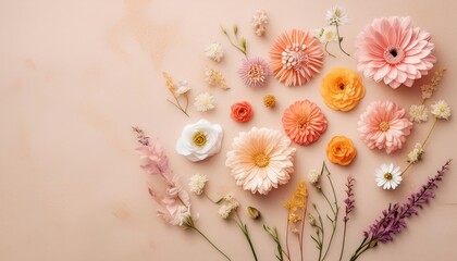 Creative layout made of various flowers. Flat lay delicate colors bouquet , generated by AI