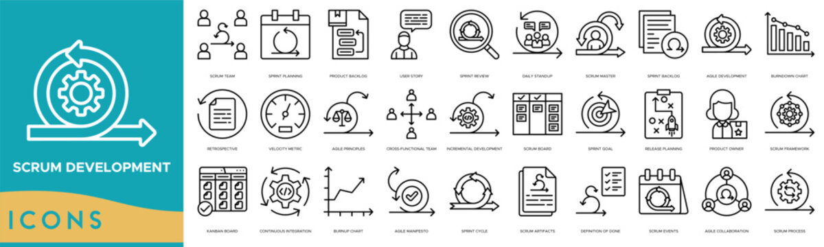 Scrum Development icon set. Scrum Team, Sprint Planning, Product Backlog, User Story, Sprint Review, Daily Standup, Scrum Master, Sprint Backlog, Agile Development, Burndown Chart