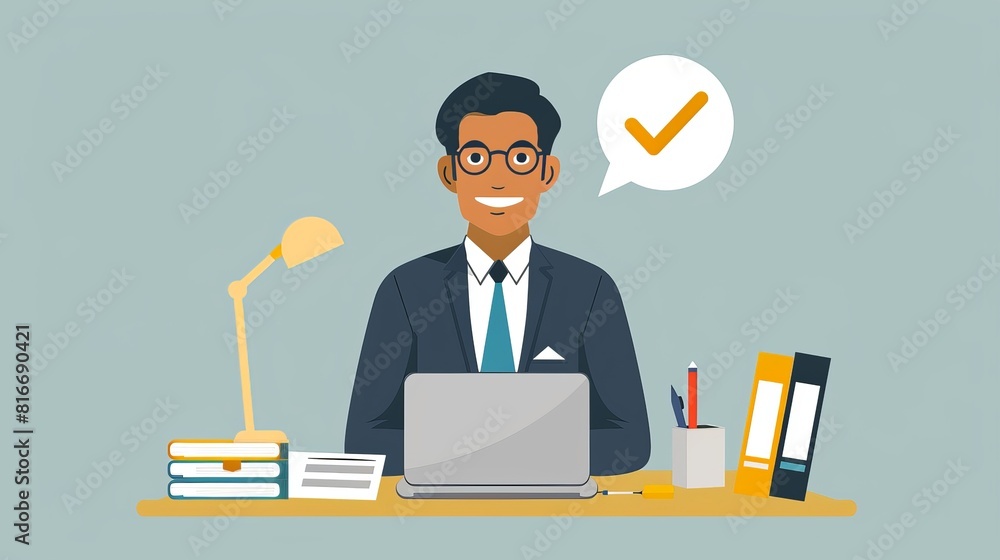 Aufkleber a man is sitting at a desk with a laptop and a stack of books. he is smiling and he is happy. concep