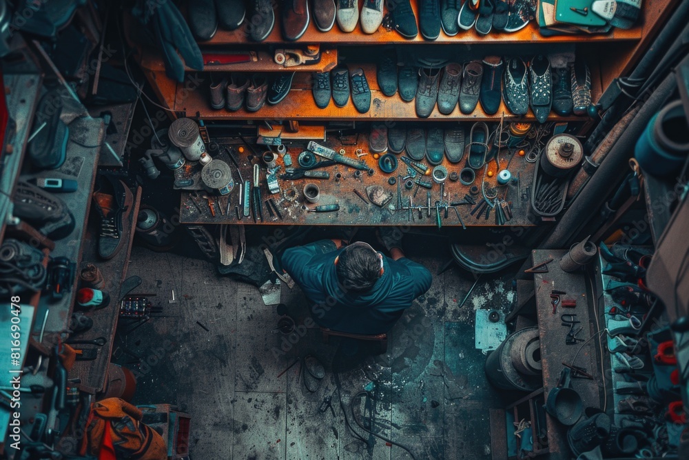 Poster a man working in a workshop surrounded by various tools. suitable for industrial and diy projects