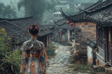 Fototapeta premium Woman in ethnic attire explores an ancient asian street with historic architecture