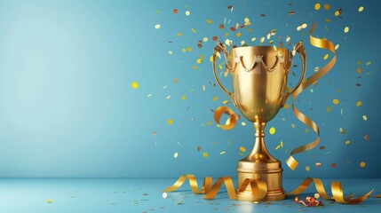 A gold cup with a ribbon on top of it is surrounded by confetti. Concept of celebration and achievement