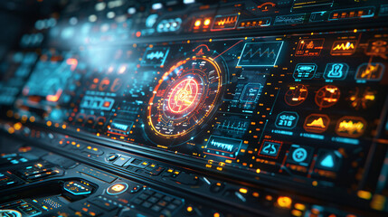 Fototapeta premium Close-up of futuristic medical equipment interface with holographic health data overlay