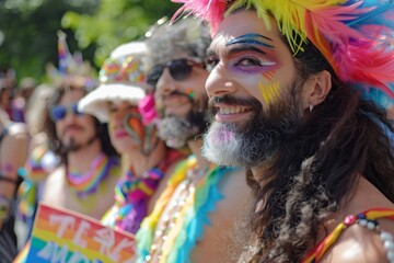 A man with a rainbow feather headdress stands with other men in a parade. Concept of diversity LGBTQ+