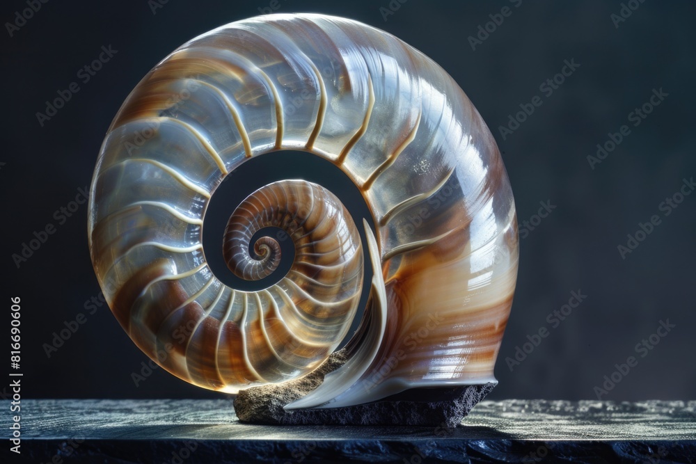 Poster a snail shell placed on a rustic wooden table. perfect for nature and wildlife concepts
