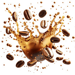 Splash of coffee beans with dark coffee liquid. Concept for coffee product advertising. Isolated on transparent background