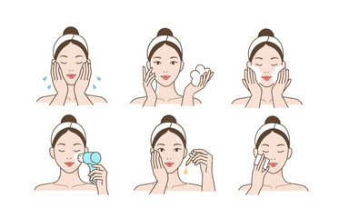 Skincare set. Collection of girl removing make up by washing her face with facial brush, using cleansing wipe and other cosmetic products. Beauty and hygiene concept. Vector illustration.
