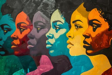 A painting of five women with different colored faces. The painting is a representation of the diversity of women and their unique features. The colors used in the painting are vibrant and bold. Conce