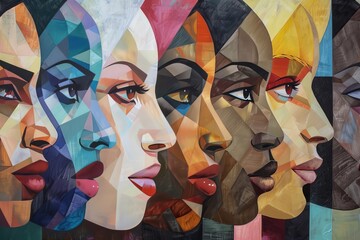 A painting of many faces with different skin tones. The painting is a representation of diversity and inclusivity