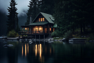 Obraz premium Cabin by lake shore at night