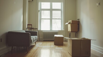 A living room with a couch and a box. The room is empty and has a feeling of being in the process of being moved