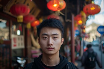 Fototapeta premium Portrait of a stoic young man with red lanterns hanging in a vibrant asian alleyway behind him