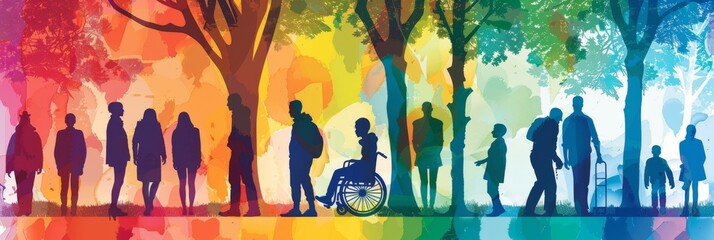 A group of people are walking in a park, with some of them using wheelchairs. The scene is colorful and lively, with people of all ages and abilities enjoying the outdoors