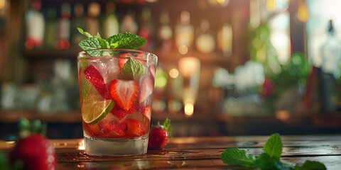 strawberry mojito in the kitchen Strawberry mojito and ingredients on rustic background.
